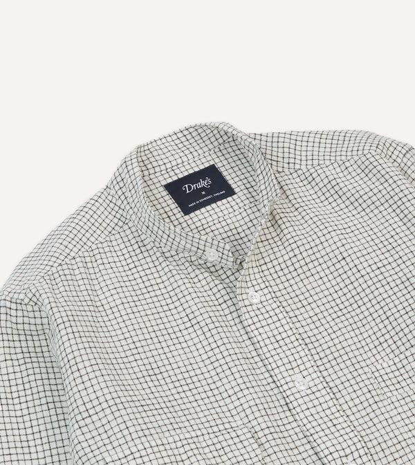 Drake's Ecru Check Linen-Cotton Mandarin Collar Shirt