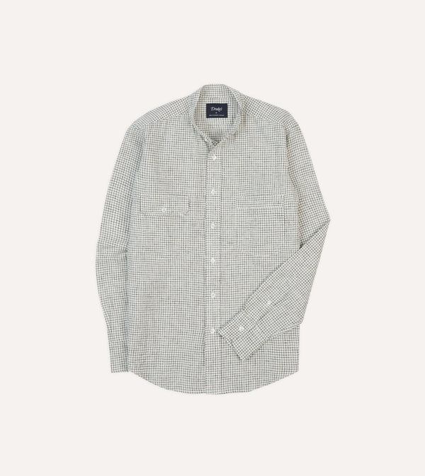 drake's Ecru Check Linen-Cotton Mandarin Collar Shirt