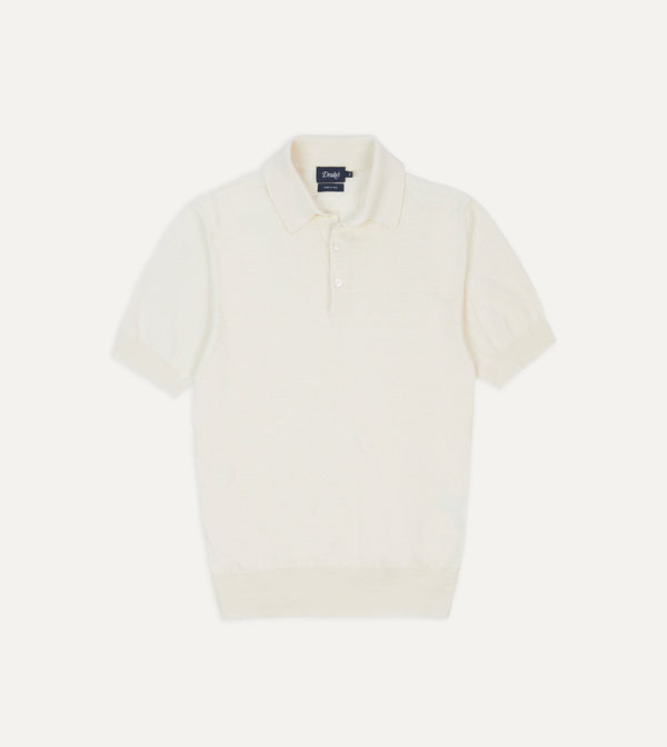 drake's Ecru Knitted Crepe Cotton Short-Sleeve Polo Shirt