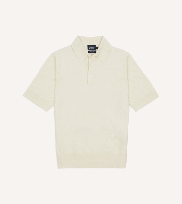 drake's Ecru Knitted Linen-Cotton Short-Sleeve Polo Shirt