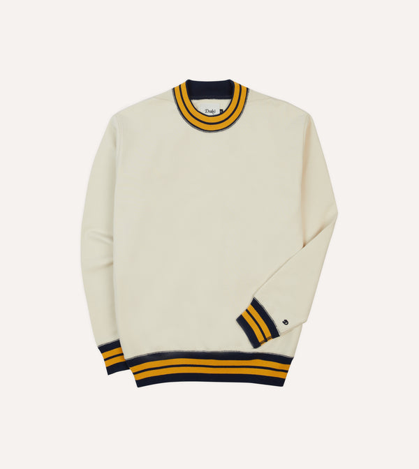 drake's Ecru Navy and Yellow Striped Rib Cotton Jersey Sweatshirt