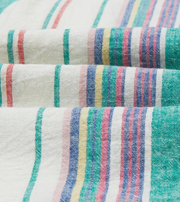 Drake's Ecru Purple And Green Stripe Linen-Cotton Long Point Collar Shirt