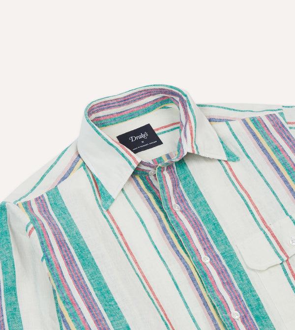 Drake's Ecru Purple And Green Stripe Linen-Cotton Long Point Collar Shirt