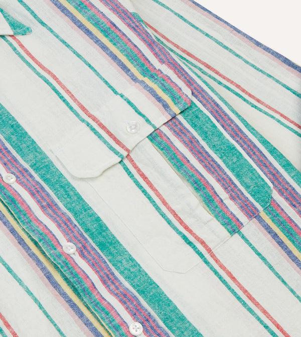 Drake's Ecru Purple And Green Stripe Linen-Cotton Long Point Collar Shirt