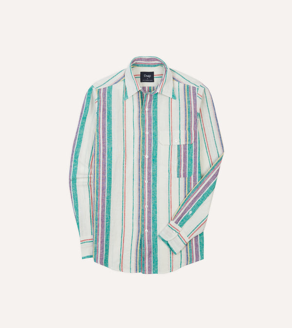 drake's Ecru Purple and Green Stripe Linen-Cotton Long Point Collar Shirt