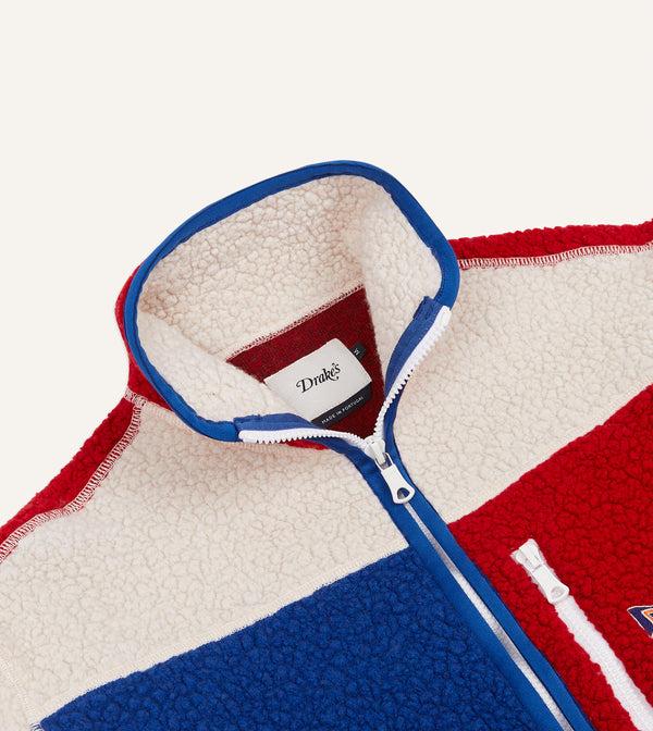 Drake's Ecru Red And Blue Boucle Wool Zip Fleece Jacket