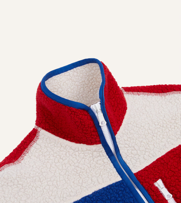 Drake's Ecru Red And Blue Boucle Wool Zip Fleece Jacket