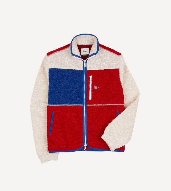 drake's Ecru Red and Blue Boucle Wool Zip Fleece Jacket