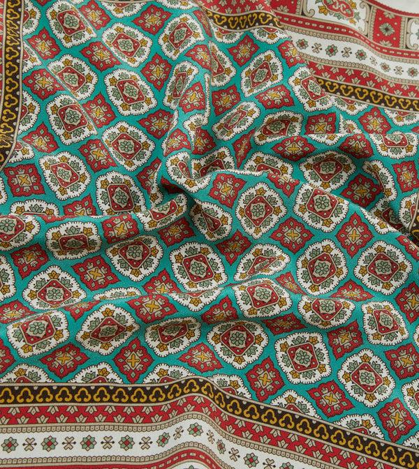 Drake's Ecru Red And Gold Floral Medallion Print Silk Pocket Square