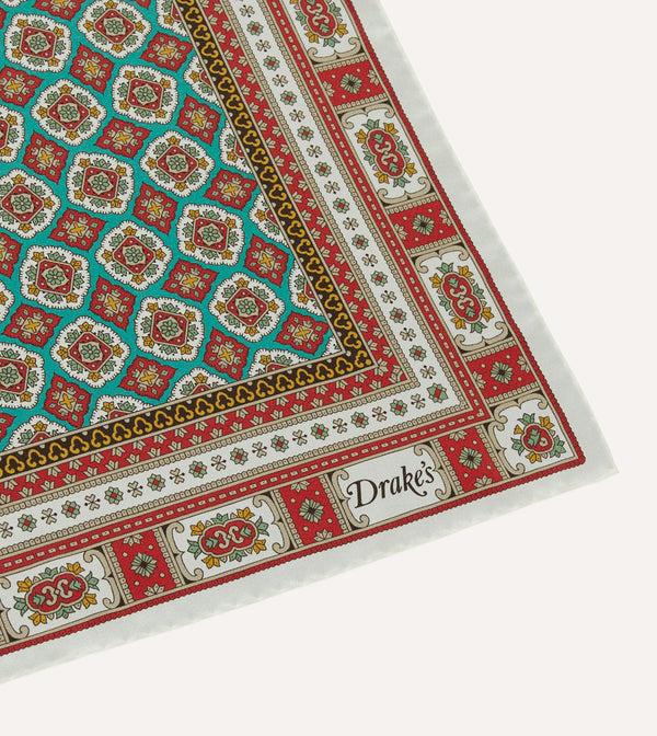 Drake's Ecru Red And Gold Floral Medallion Print Silk Pocket Square