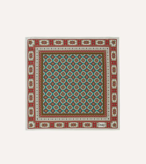 drake's Ecru Red and Gold Floral Medallion Print Silk Pocket Square