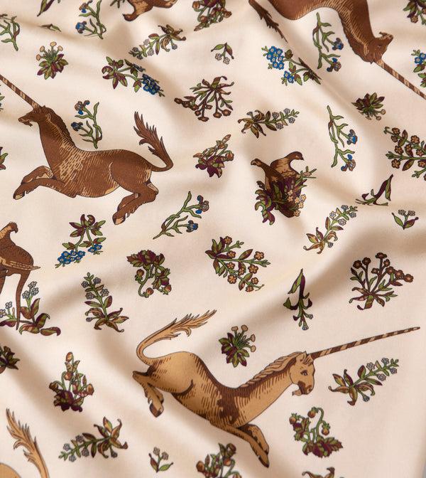 Drake's Ecru Unicorn Print Tubular Silk Tasselled Scarf