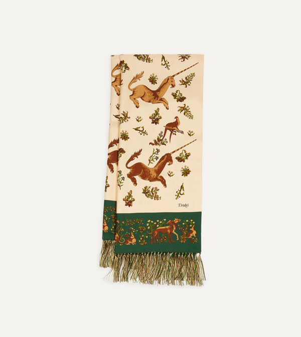 Drake's Ecru Unicorn Print Tubular Silk Tasselled Scarf