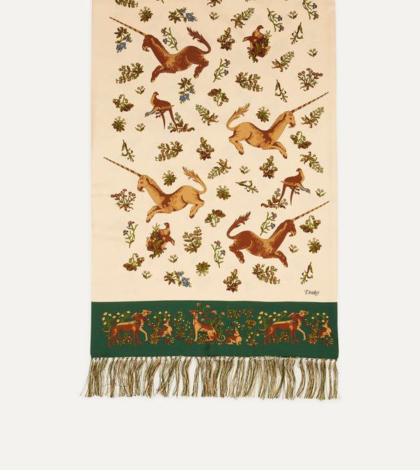 Drake's Ecru Unicorn Print Tubular Silk Tasselled Scarf