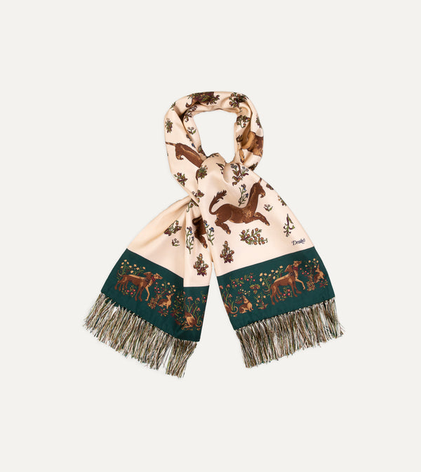 drake's Ecru Unicorn Print Tubular Silk Tasselled Scarf