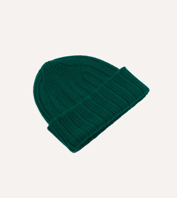 Drake's Forest Green Angora Lambswool Ribbed Knit Cap