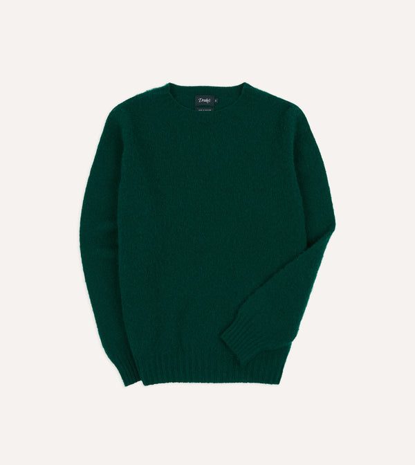drake's Forest Green Brushed Shetland Crew Neck Jumper
