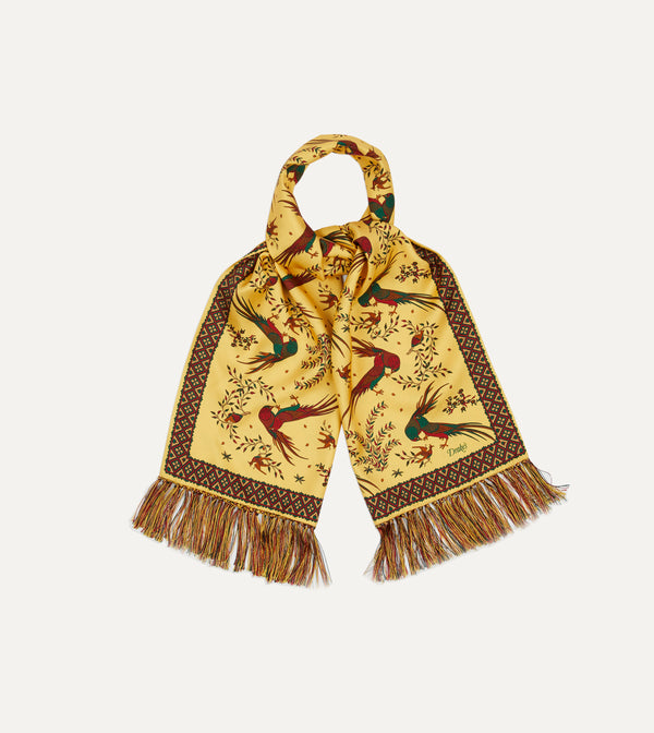 Drake's Gold Birds Of Paradise Print Tubular Silk Tasselled Scarf