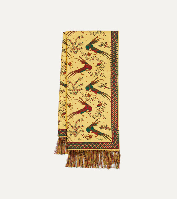 drake's Gold Birds of Paradise Print Tubular Silk Tasselled Scarf