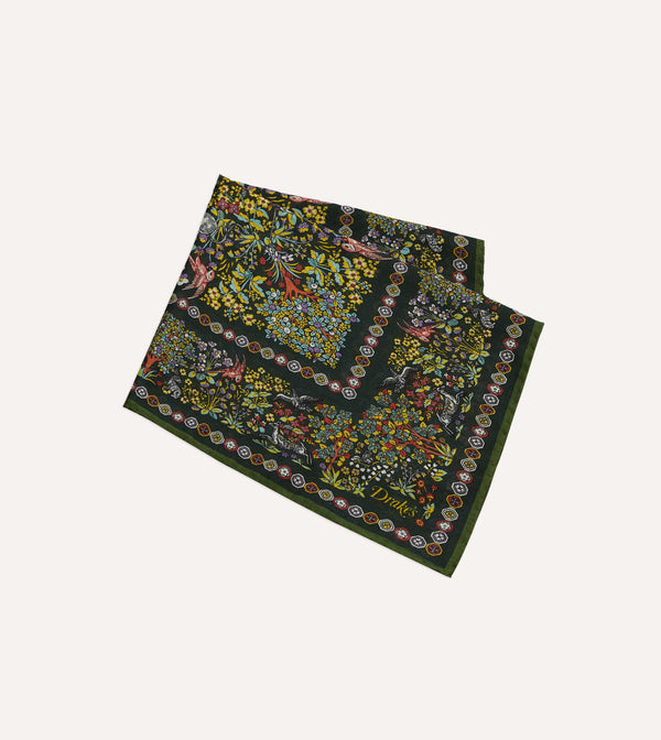 Drake's Gold Floral Unicorn Print Wool-Silk Pocket Square