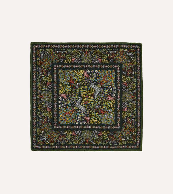 drake's Gold Floral Unicorn Print Wool-Silk Pocket Square