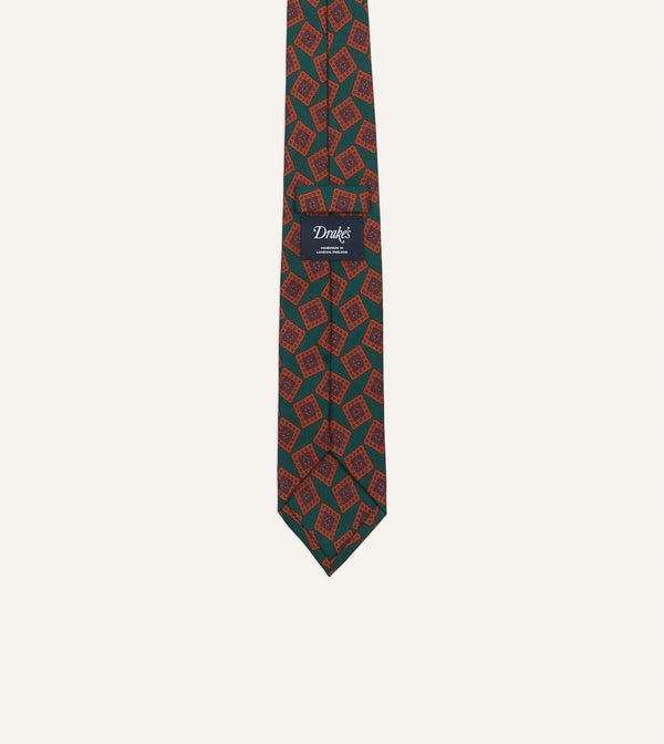 Drake's Green And Brown Jumbled Tile Print Silk Twill Self Tipped Tie