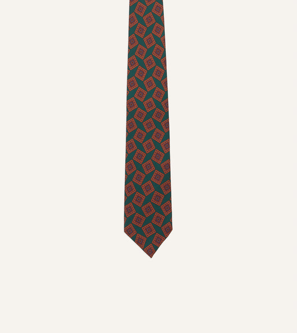 Drake's Green And Brown Jumbled Tile Print Silk Twill Self Tipped Tie