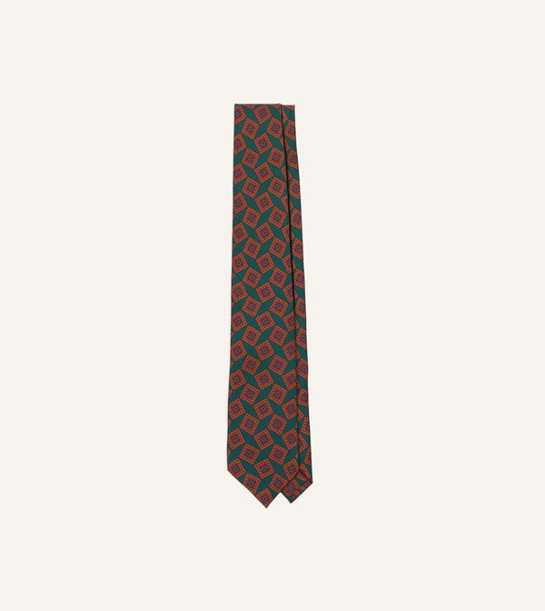 drake's Green and Brown Jumbled Tile Print Silk Twill Self Tipped Tie