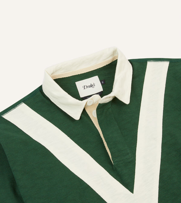 Drake's Green And Ecru Chevron Flamé Cotton Rugby Shirt