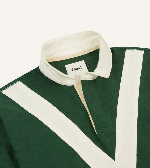 Drake's Green And Ecru Chevron Flamé Cotton Rugby Shirt