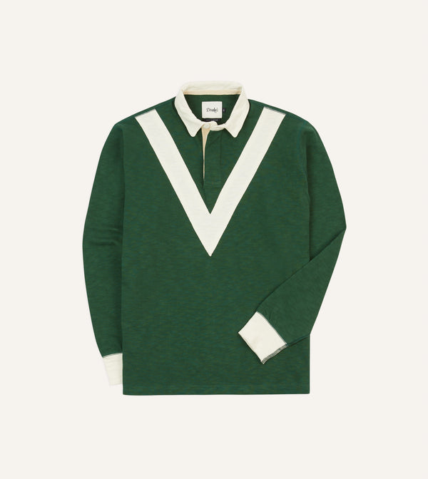 drake's Green and Ecru Chevron Flamé Cotton Rugby Shirt