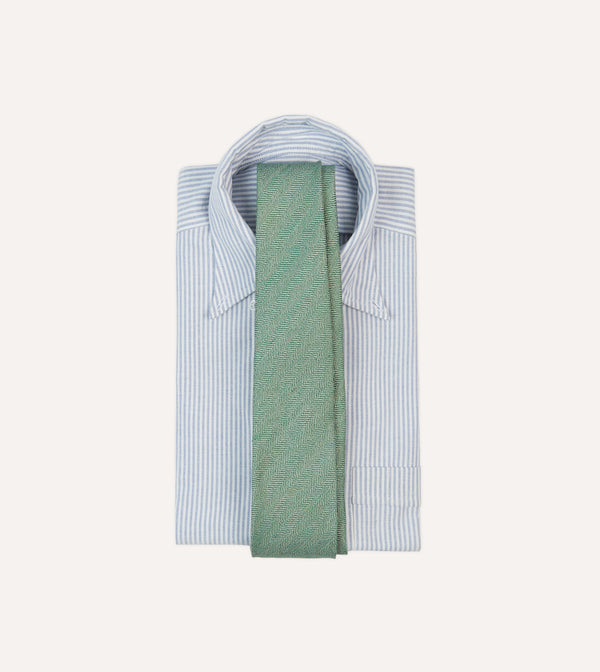 Drake's Green And Ecru Herringbone Linen Silk Tipped Tie