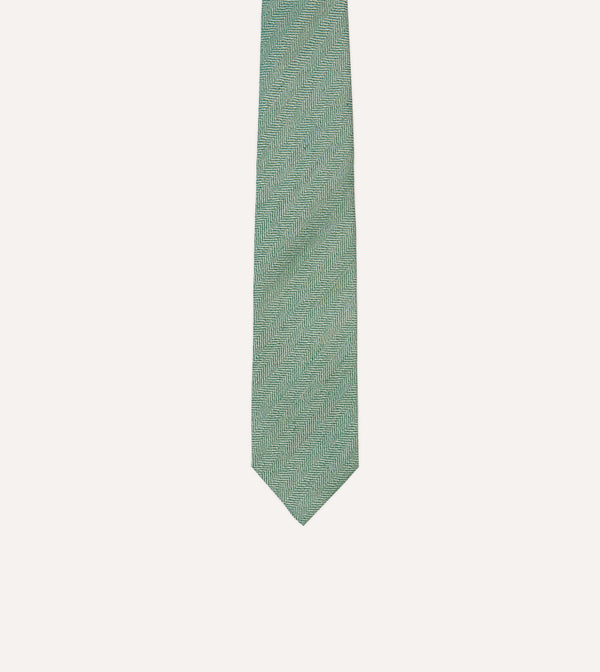 Drake's Green And Ecru Herringbone Linen Silk Tipped Tie