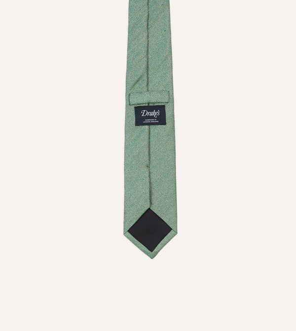 Drake's Green And Ecru Herringbone Linen Silk Tipped Tie