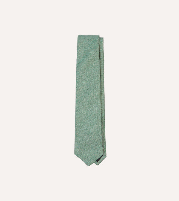 drake's Green and Ecru Herringbone Linen Silk Tipped Tie