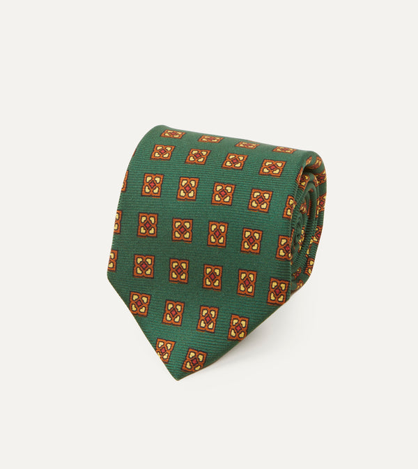 Drake's Green And Gold Diamond Medallion Print Madder Twill Silk Tie