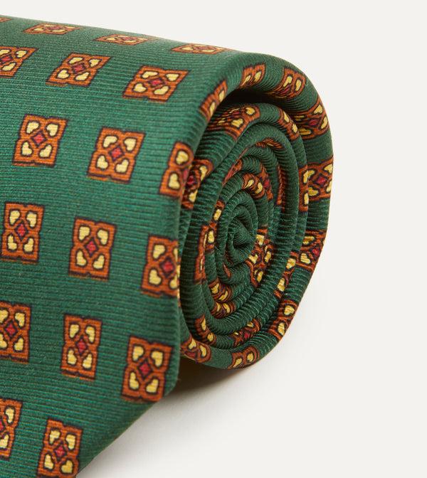 Drake's Green And Gold Diamond Medallion Print Madder Twill Silk Tie