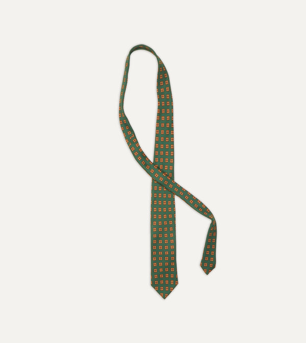 Drake's Green And Gold Diamond Medallion Print Madder Twill Silk Tie