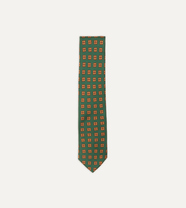 drake's Green and Gold Diamond Medallion Print Madder Twill Silk Tie