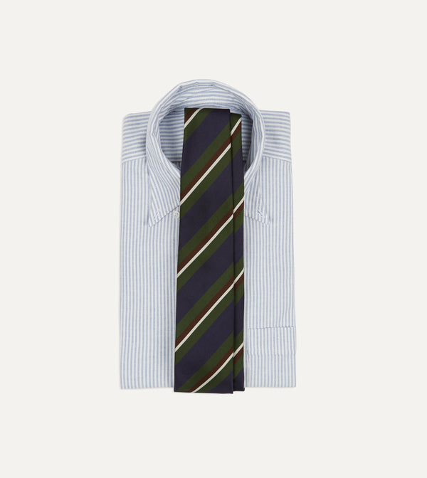 Drake's Green And Navy Stripe Silk Mogador Tipped Tie