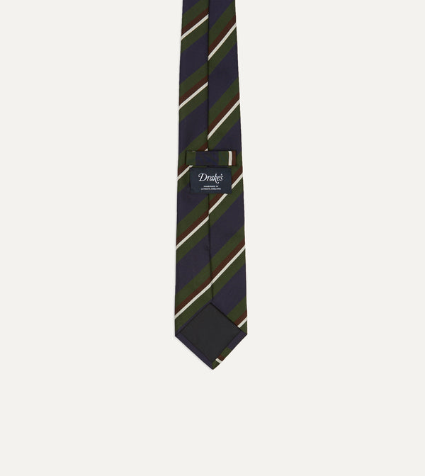 Drake's Green And Navy Stripe Silk Mogador Tipped Tie