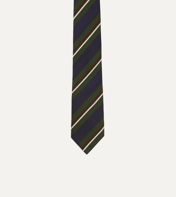 Drake's Green And Navy Stripe Silk Mogador Tipped Tie