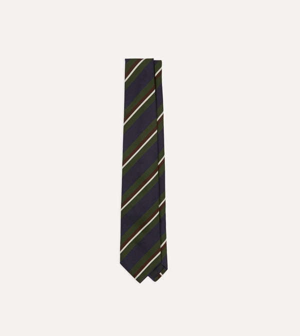 drake's Green and Navy Stripe Silk Mogador Tipped Tie
