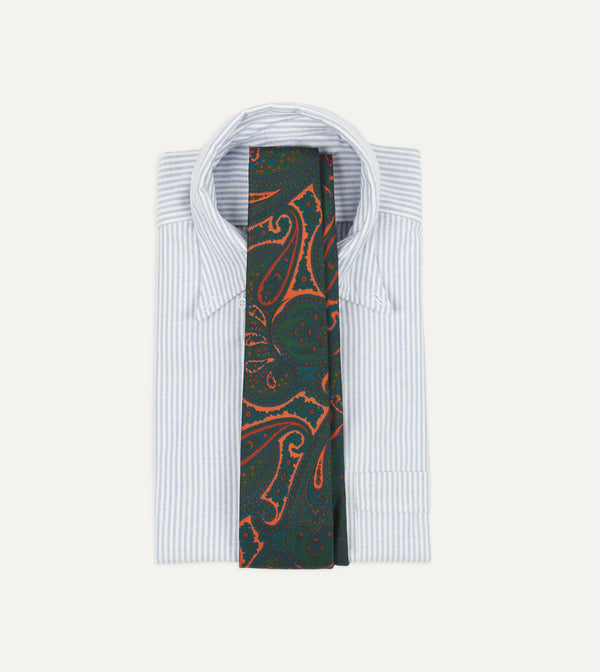 Drake's Green And Orange Large Paisley Print Madder Silk Self Tipped Tie
