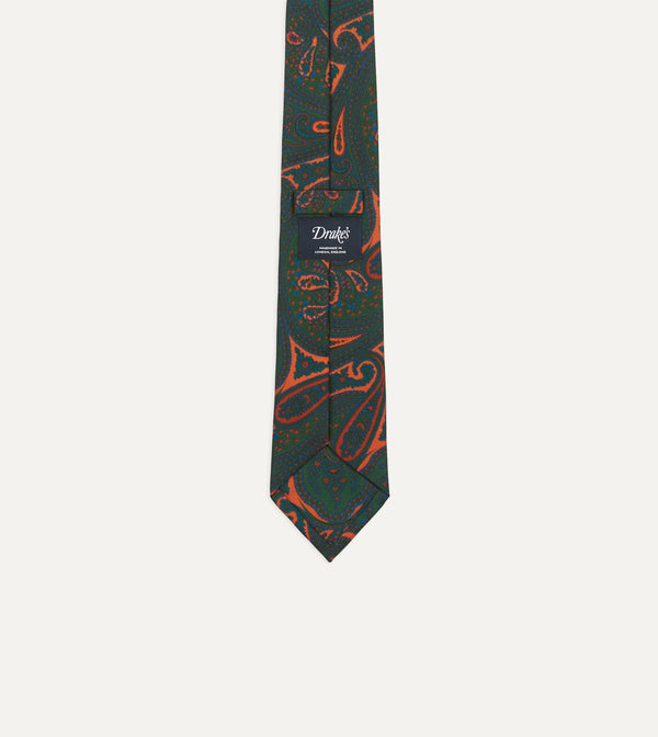 Drake's Green And Orange Large Paisley Print Madder Silk Self Tipped Tie