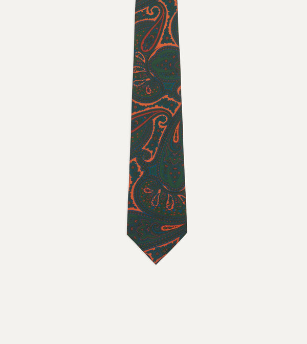 Drake's Green And Orange Large Paisley Print Madder Silk Self Tipped Tie
