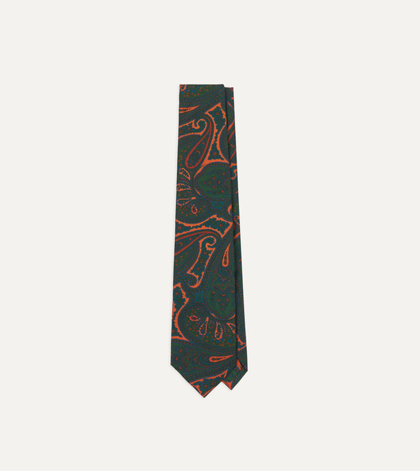 drake's Green and Orange Large Paisley Print Madder Silk Self Tipped Tie