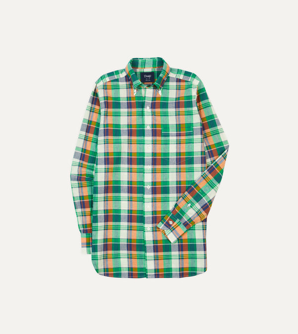 drake's Green and Orange Madras Check Cotton Button-Down Shirt