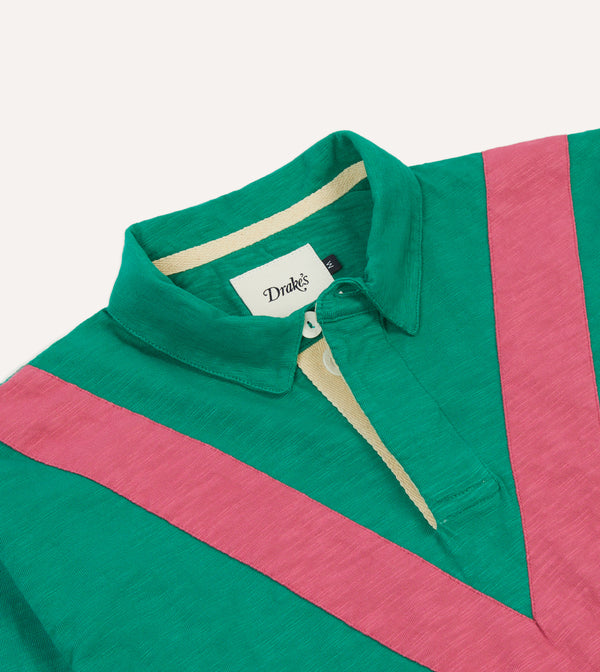 Drake's Green And Pink Chevron Flamé Cotton Rugby Shirt