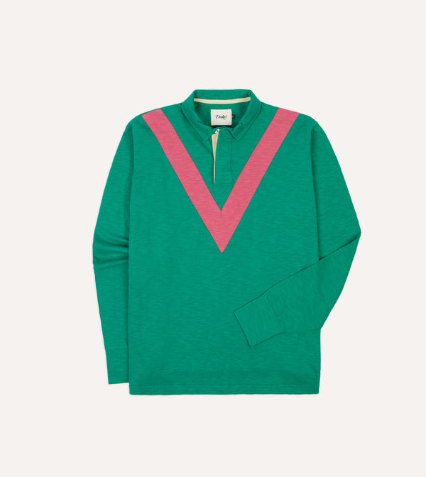 drake's Green and Pink Chevron Flamé Cotton Rugby Shirt